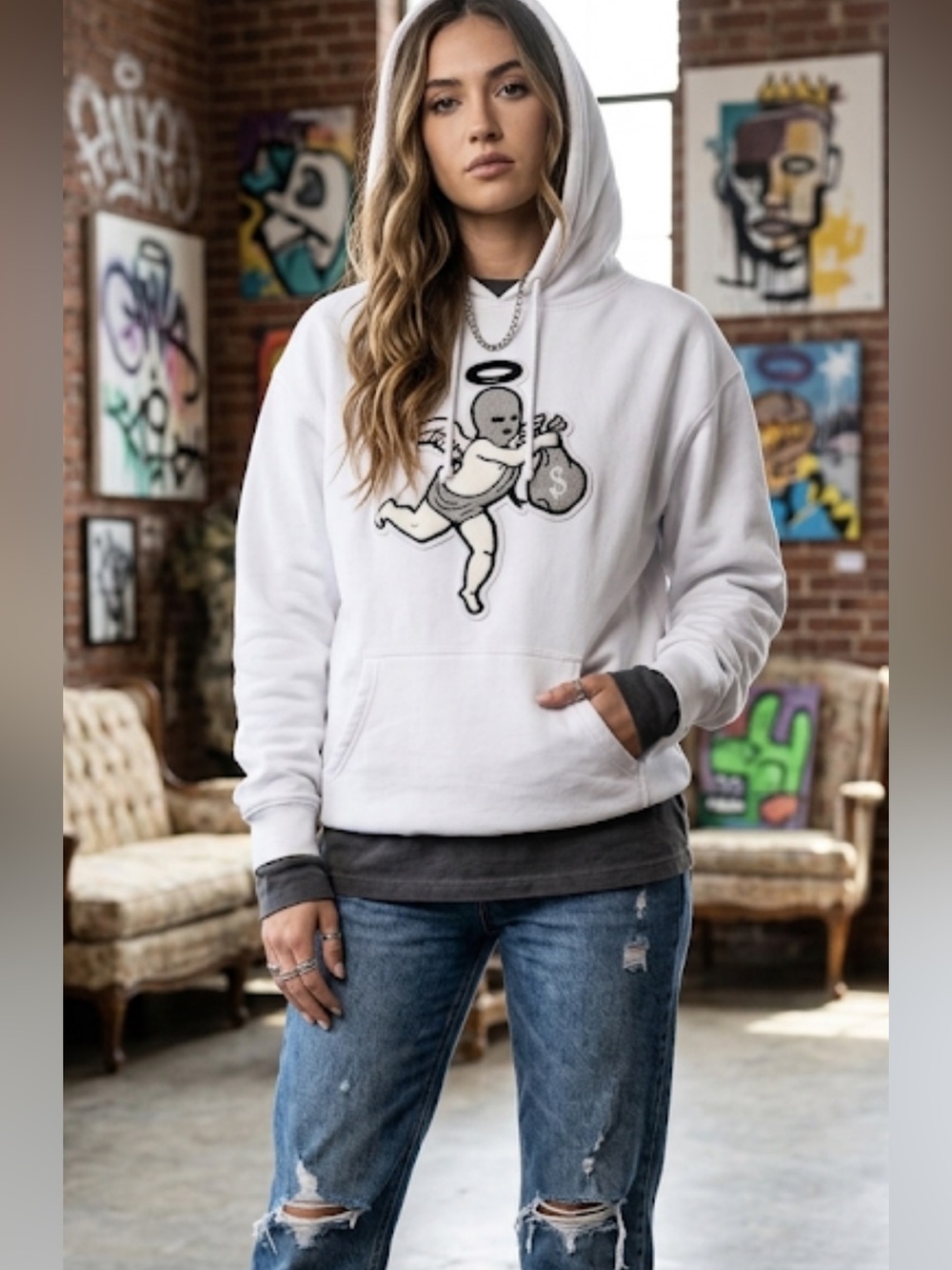 Hasta Muerte White Ski Mask Angel Hoodie Chenille Patch Sz XL
Streetwear Graphic